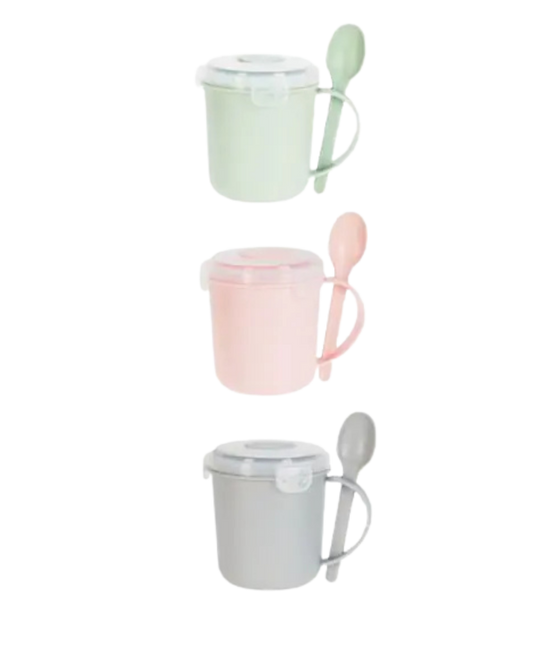 tazas de 3 colores verde rosa y gris con cuchara para comer fuera de casa adulto o niños, infantil