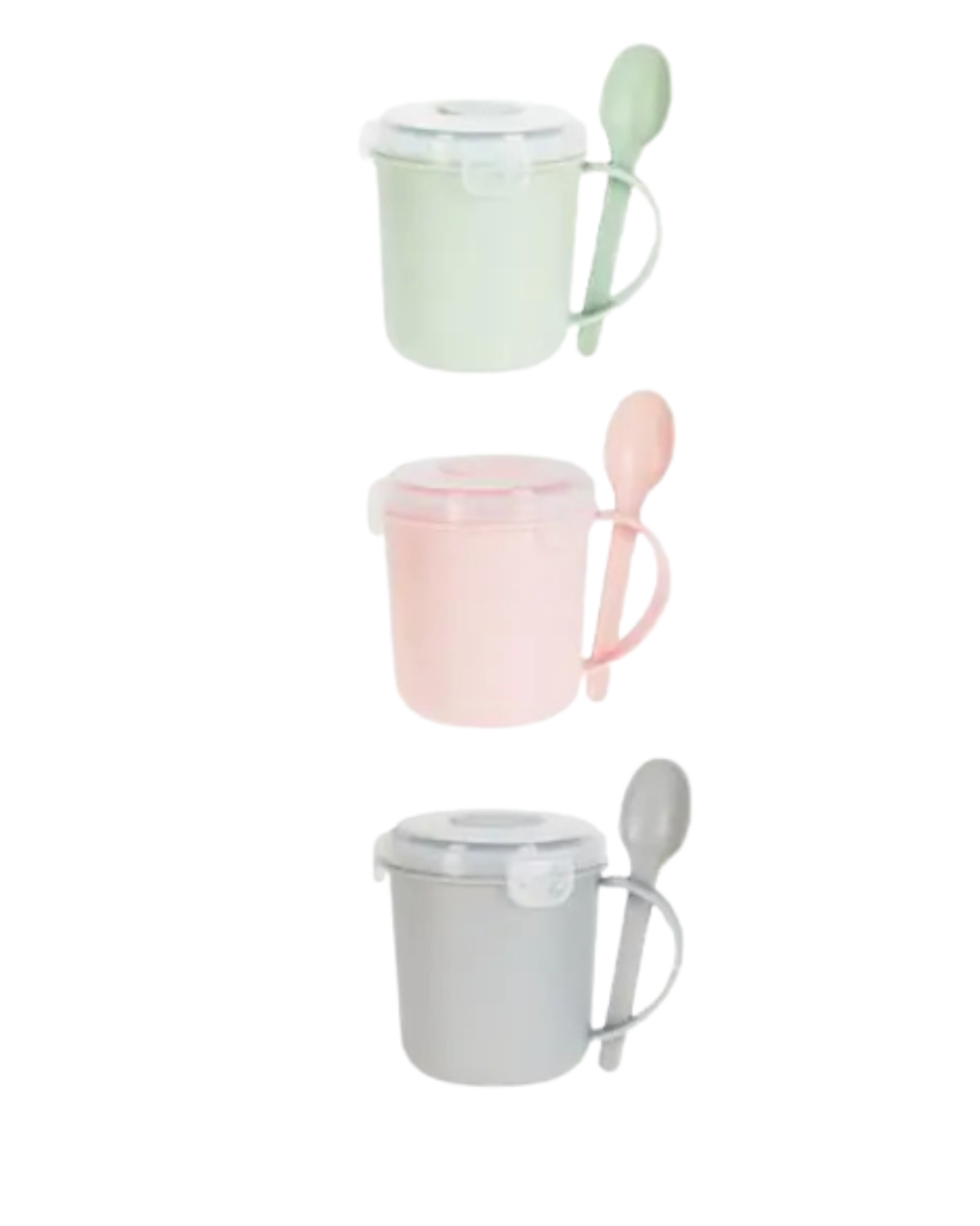 tazas de 3 colores verde rosa y gris con cuchara para comer fuera de casa adulto o niños, infantil
