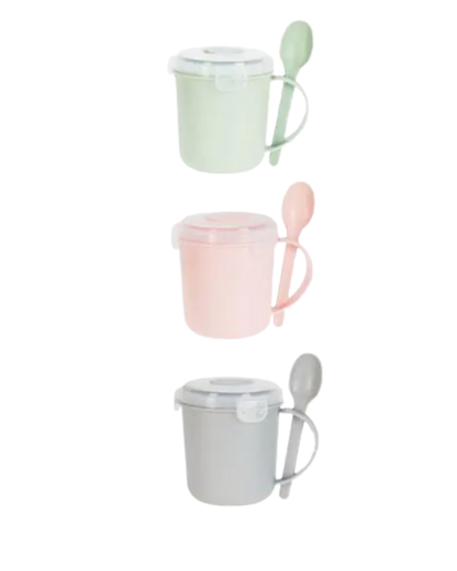 tazas de 3 colores verde rosa y gris con cuchara para comer fuera de casa adulto o niños, infantil
